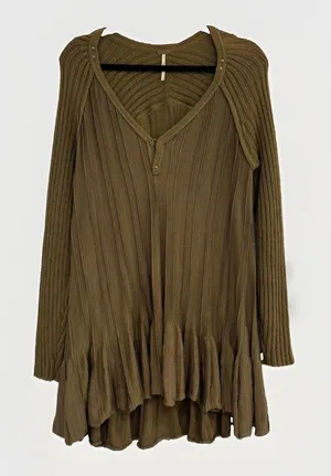 Free People Tunic Womens Size Small Sweater Ribs Ruffles Olive Green Long Sleeve thumbnail 1