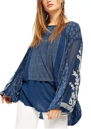 Free People Blue Embroidered Boho Indigo Dreams Tunic Top Medium thumbnail 1