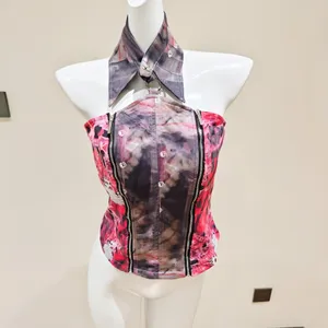 Edgy Printed Halter Corset Top Women Metal Ring thumbnail 2
