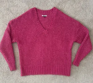 American Eagle AEO Pink V Neck Sweater Waffle Weave XS Boxy Oversized thumbnail 1