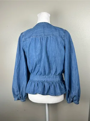 Madewell Blue Denim Wrap Peplum Blouse Size Medium Cottage Core thumbnail 3
