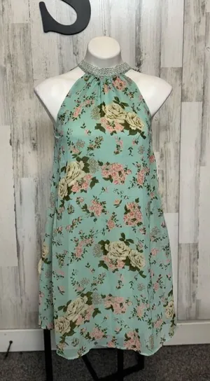 Green floral flare dress size small thumbnail 1