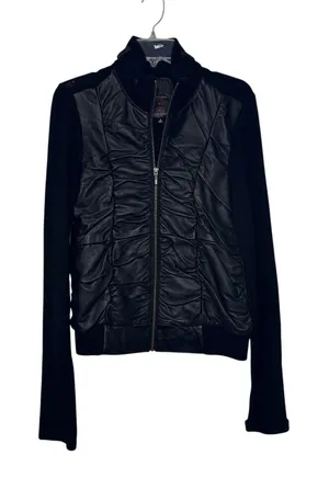 XCVI Women's Jacket Genuine Leather Angora Wool Blend Ruched Moto Black  Medium‎ thumbnail 1