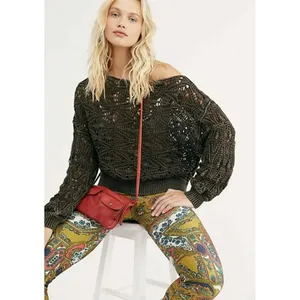 NEW Free People Bittersweet Brown Off Shoulder Crochet Sweater Open Knit - Large thumbnail 1