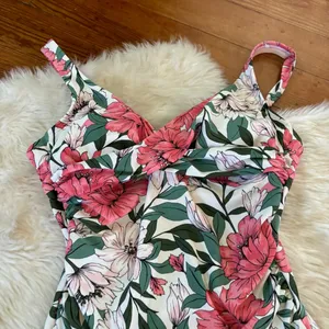 Pink White & Green Floral Open Back Ruched One Piece Swimsuit thumbnail 3
