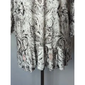 Tribal‎ Shirt Women Large Ivory Gray Floral Fleur Lace Up Neck Ruffle Hem Top thumbnail 7