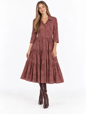 Morris & Co x H&M 6 William Morris Floral Tiered Midi Shirt Dress Burgundy Fall thumbnail 5
