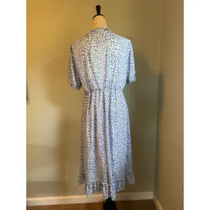 Blue White Floral Leopard boho Ruffle Midi Dress Puff Sleeve M y2k resort dainty thumbnail 4