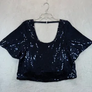 Free People Sequin Top‎ Party Blouse Sparkly Navy Blue Short Sleeve XS READ thumbnail 3