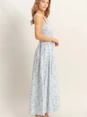HYFVE Blue Floral Cotton Empire Waist Maxi Dress Square Neck Cottagecore Large thumbnail 2