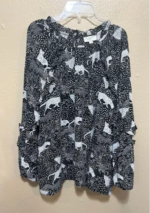 Loft Outlet Womens Size L Black White Animal Print Ruffle Long‎ Sleeve Blouse thumbnail 1