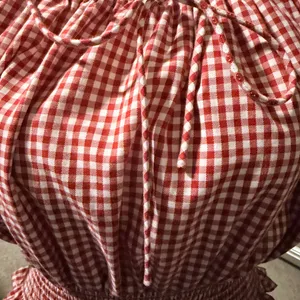 Elegant Red Gingham Smocked Blouse Size M thumbnail 4