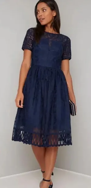 Chi Chi London‎ Sheridan Dress Navy Blue Embroidered Short Sleeve UK 12 US 8 thumbnail 1