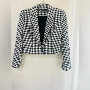 ZARA BLACK SINGLE BREASTED LAPEL COLLAR GINGHAM CROPPED BLAZER SIZE Med thumbnail 2