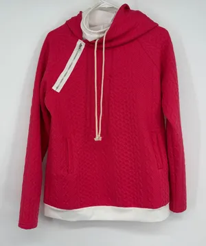 ANDTHEWHY Womens Pink Quilted Cable‎ Knit Hoodie Sweatshirt L Athleisure thumbnail 1