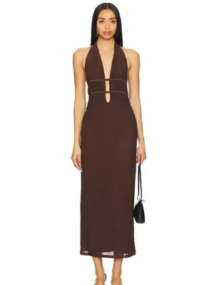 Misha Halter Cutout Satin Maxi Dress in Deep Brown thumbnail 2