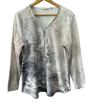 Soft Surroundings Womens Gray Floral Velour Corrina Half Zip Top‎ Shirt Sz Large thumbnail 1