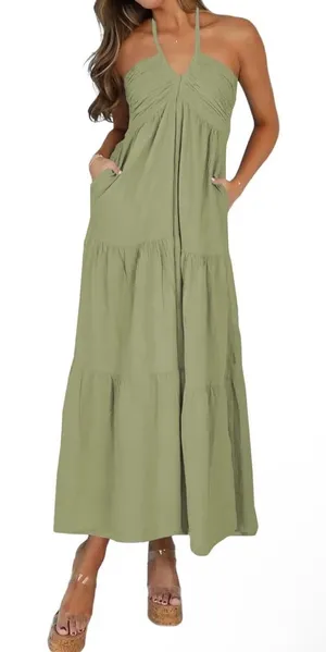 Women's Sage Green Halter Tiered Vacation Maxi Dress with Pockets, Size XS thumbnail 1