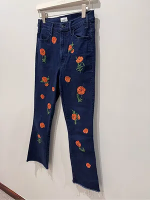 MOTHER The Hustler High-Rise Frayed Ankle Jeans Sz 27 Floral Poppies Embroidered thumbnail 3