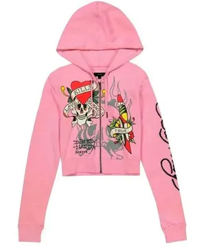 Ed Hardy Hoodie Womens Large Pink Love Kills Tiger Full Zip Cropped Sweatshirt thumbnail 1