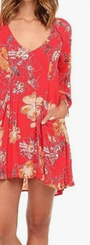Free People Pink Red Floral Eyes On Your Floral Trapeze Dress w Pockets thumbnail 1