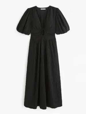 Abercrombie & Fitch Tie Front Textured Puffed Sleeves Maxi Dress Black M thumbnail 11