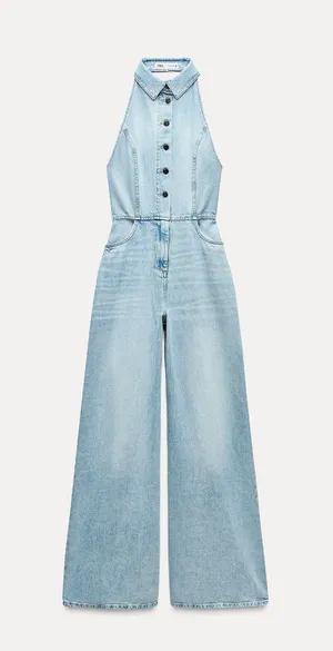 Zara jumpsuit denim halter wide leg open back bohemian casual summer thumbnail 10