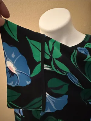 Ann Taylor Black Floral Keyhole Blouse with Blue & Green Motif thumbnail 4