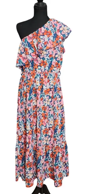 BTFBM‎ Floral One Shoulder Maxi Dress Pink Orange Ruffle Tiered Tropical Bobo L thumbnail 1