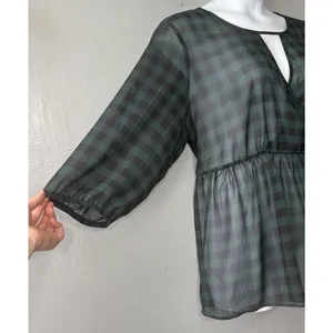 Torrid Sheer Top Plus Size 3 3X Green Black Checkered Gingham Peasant Babydoll thumbnail 2