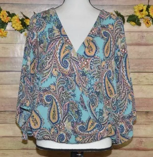 Veronica M. Ladies Paisley Faux Wrap V-Neck Blouse Top Size L Boho Colorful thumbnail 1