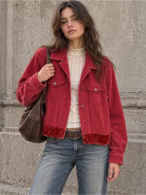 J.Jill Red Corduroy Trucker Jacket Velvet Trim Y2K Boho Small thumbnail 1