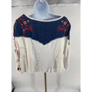 Free People We The Free Rio Henley Small Cream Navy Embroidered Indie Boho thumbnail 8