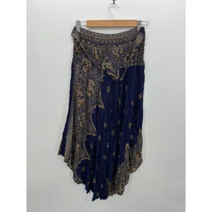 Boho Indie Sleeze Navy Blue Paisley Smocked Waist Handkerchief Hem Skirt L/XL thumbnail 3