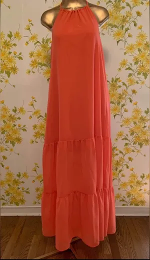 Backless Halter Tiered Maxi Dress in Orange size M thumbnail 7