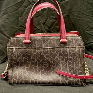Calvin Klein Monogram Satchel in Brown and Red with gold accents thumbnail 2