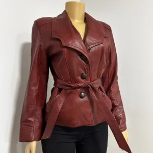 Womens Genuine Leather Belted Blazer Jacket Burgundy Size‎ Small thumbnail 2