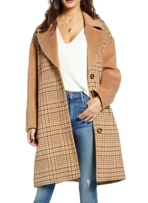 Mural Plaid Longline Coat Jacket Wool Blend Brown Size XL thumbnail 1