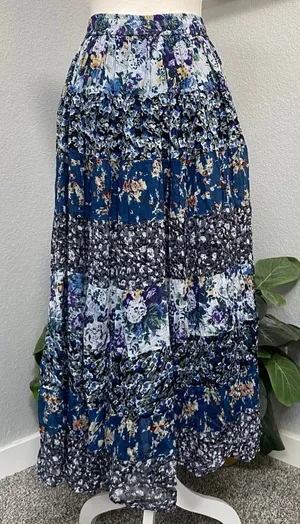Sostanza Blue Floral Maxi Skirt Lined Stripe Patch 100% Cotton Boho Chic Casual thumbnail 1