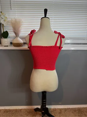Hollister Bright Red Smocked Tie-Shoulder Crop Top thumbnail 5