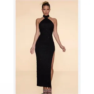 Oh Polly Positano Embellished High Neck Split Maxi Dress in Black Size 4 New thumbnail 3