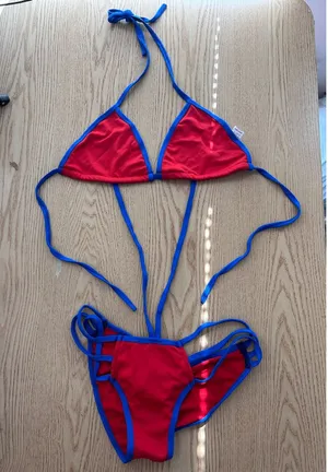 B5 New Women AMI Sexy 2Pc Blue red String 1pc or Bikini Ruched Cheeky Sm/Medium thumbnail 1