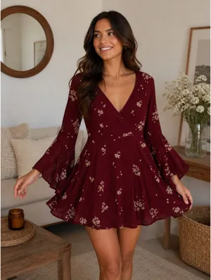 Free People Mini Dress Size 4 Burgundy Tan Floral Embroidery Bell Sleeve Boho thumbnail 1