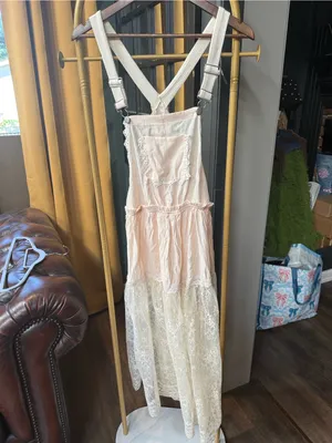 Lace-Trim Pink Apron Dress with Cream Lace Skirt thumbnail 4