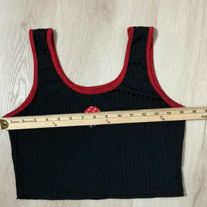 Y2K‎ Black Ribbed Crop Tank Top Red Trim Embroidered Mushroom Women's Size M thumbnail 4