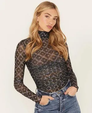 free people black floral turtle neck body suit size xs thumbnail 1