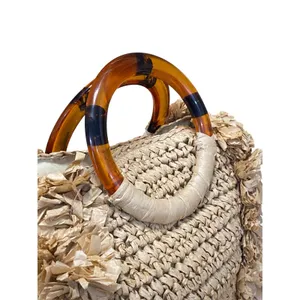 NEW Womens Woven Straw Round Resin Handle Fringe Shoulder Crossbody Handbag OS thumbnail 2