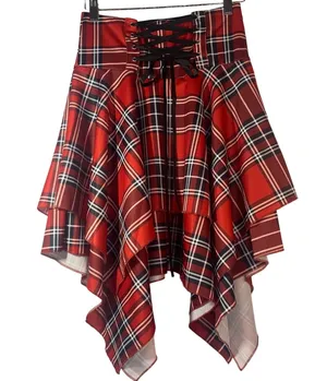 Red & Black Plaid Handkerchief Skirt Corset Tie Skirt women sz L thumbnail 1