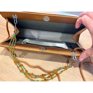 Bronze Satin Evening Clutch‎ Bag Green Rhinestone Brooch Beaded Handle Crossbody thumbnail 9