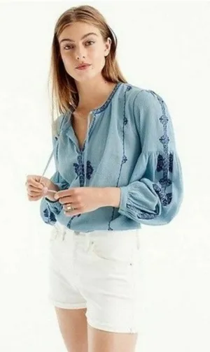 J.Crew‎ Women's Blue Cotton Peasant Boho Tie Blouse Size 2 thumbnail 1